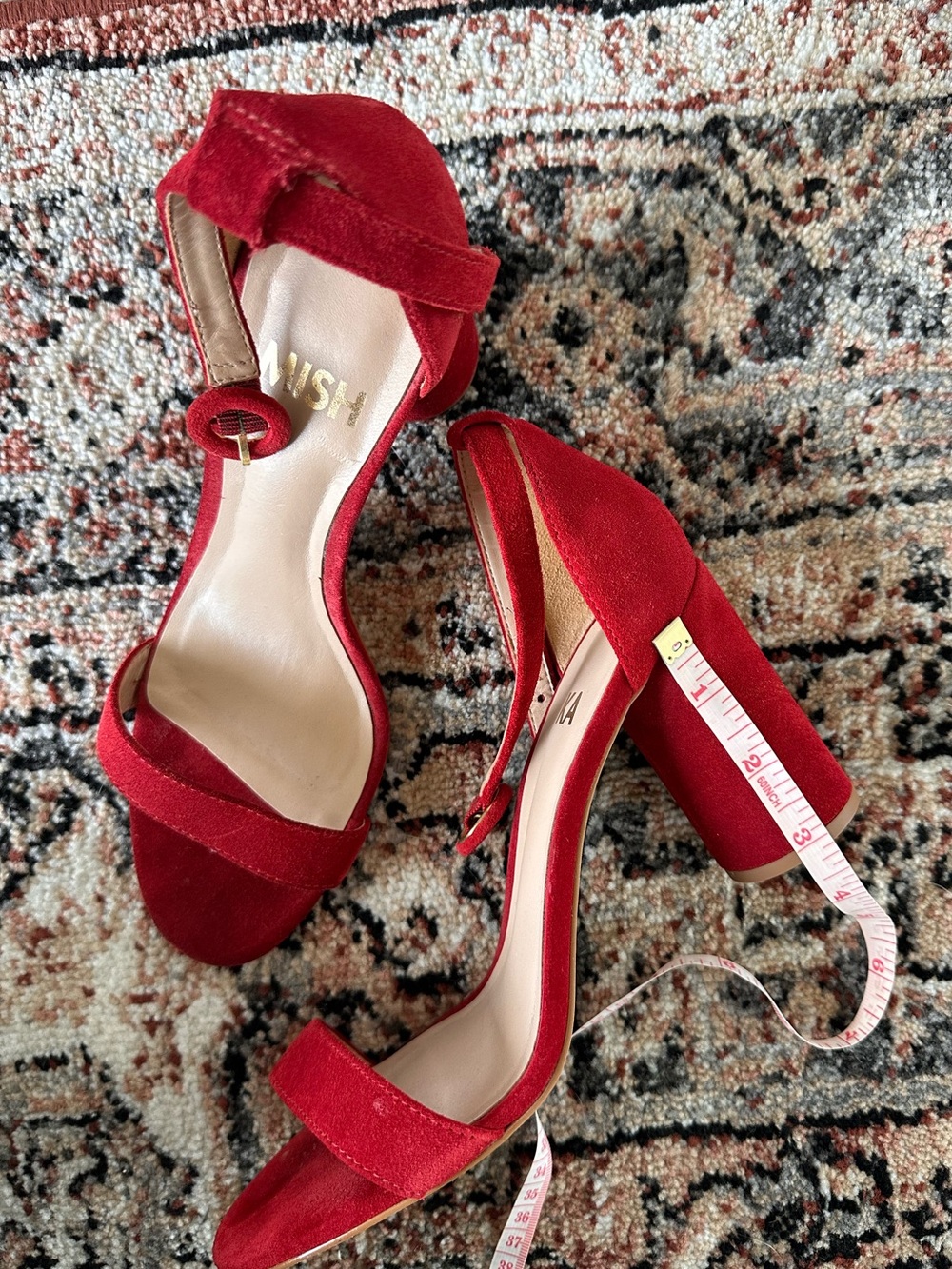 Red velvet block heels